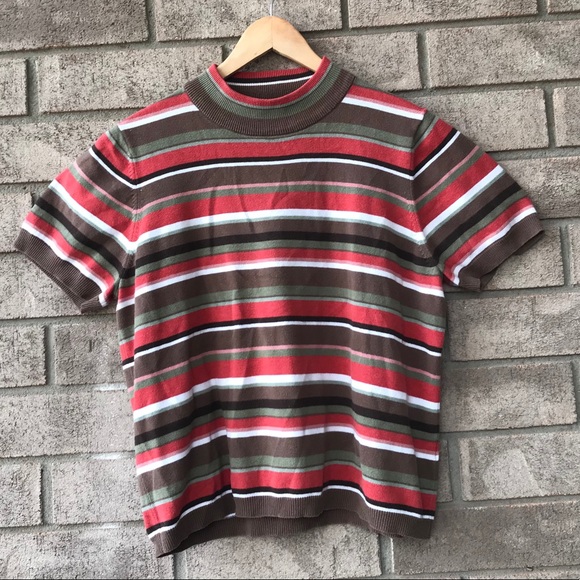 Vintage Sweaters - Striped Mock Turtleneck Shirt Sleeve Sweater